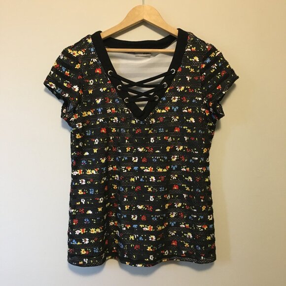 Retro Floral and Mesh Cross Lace Up Tee - Picture 1 of 16